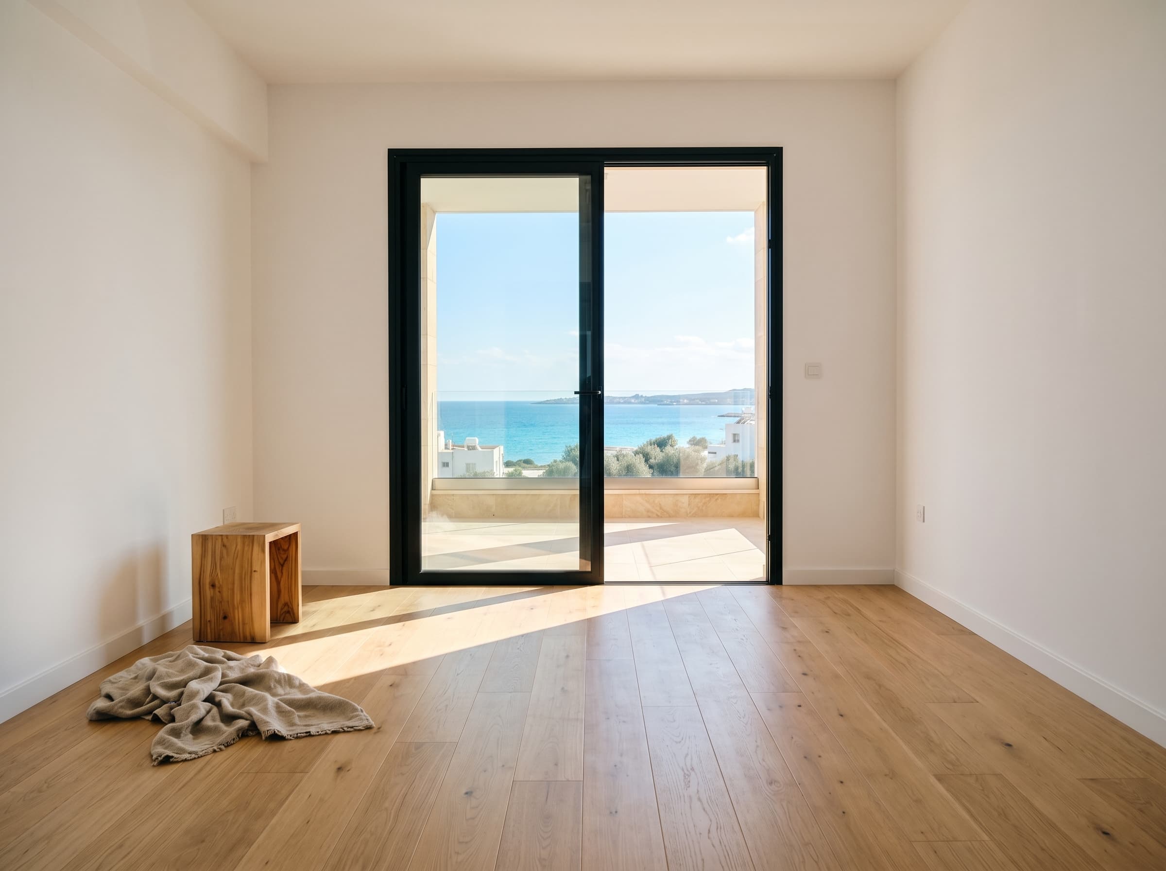 Sunlit Cyprus new-build interior with sea view